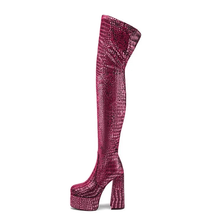 15CM Chunky Heel Platform Woman Over-the-knee Snake Pattern Boots Wild T Show Shoes Sexy Slimming Stretch Thigh Boots For Women