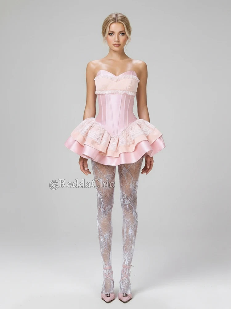 REDDACHiC Tiered Ruffle Mini Party Dress Lolita OP Lace Splice Satin Corset Boned Strapless Desire One-piece Party Women Clothes