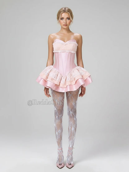 REDDACHiC Tiered Ruffle Mini Party Dress Lolita OP Lace Splice Satin Corset Boned Strapless Desire One-piece Party Women Clothes