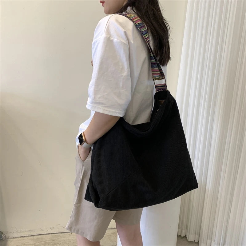 Women Luxury Corduroy Shoulder Bag Large Handbag Big Casual Tote Canvas Lining Solid Cloth Purse Zipper Crossbody Messenger Bags