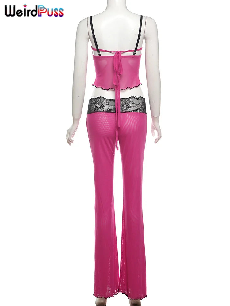 Weird Puss Patchwork Lace 2piece Sets Woman Summer Sexy Fungus Trim Spaghetti-Strap Tops+Chic Tierred Pants Party Skinny Outfits