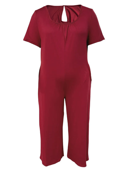 Plus Size 0XL-5XL Summer Rompers Overalls Women's Solid Color Jumpsuit with Pockets Casual Fashion Short Sleeve Jumpsuits