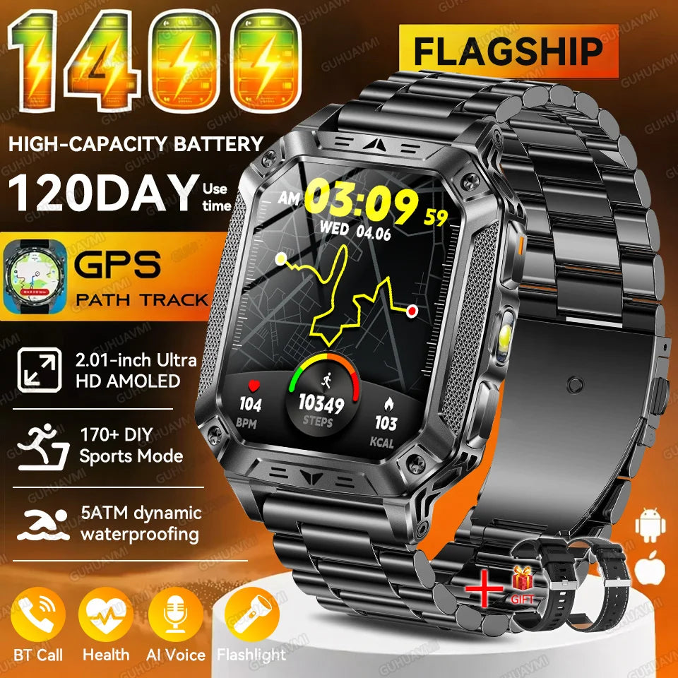 2026 New Outdoor GPS Smart Watch 1400mAh High Capacity Battery 2.01" Sapphire Screen 10ATM Waterproof Dual-color Lamp Smartwatch