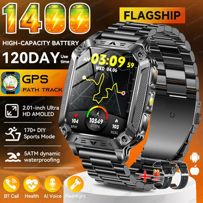 2026 New Outdoor GPS Smart Watch 1400mAh High Capacity Battery 2.01" Sapphire Screen 10ATM Waterproof Dual-color Lamp Smartwatch