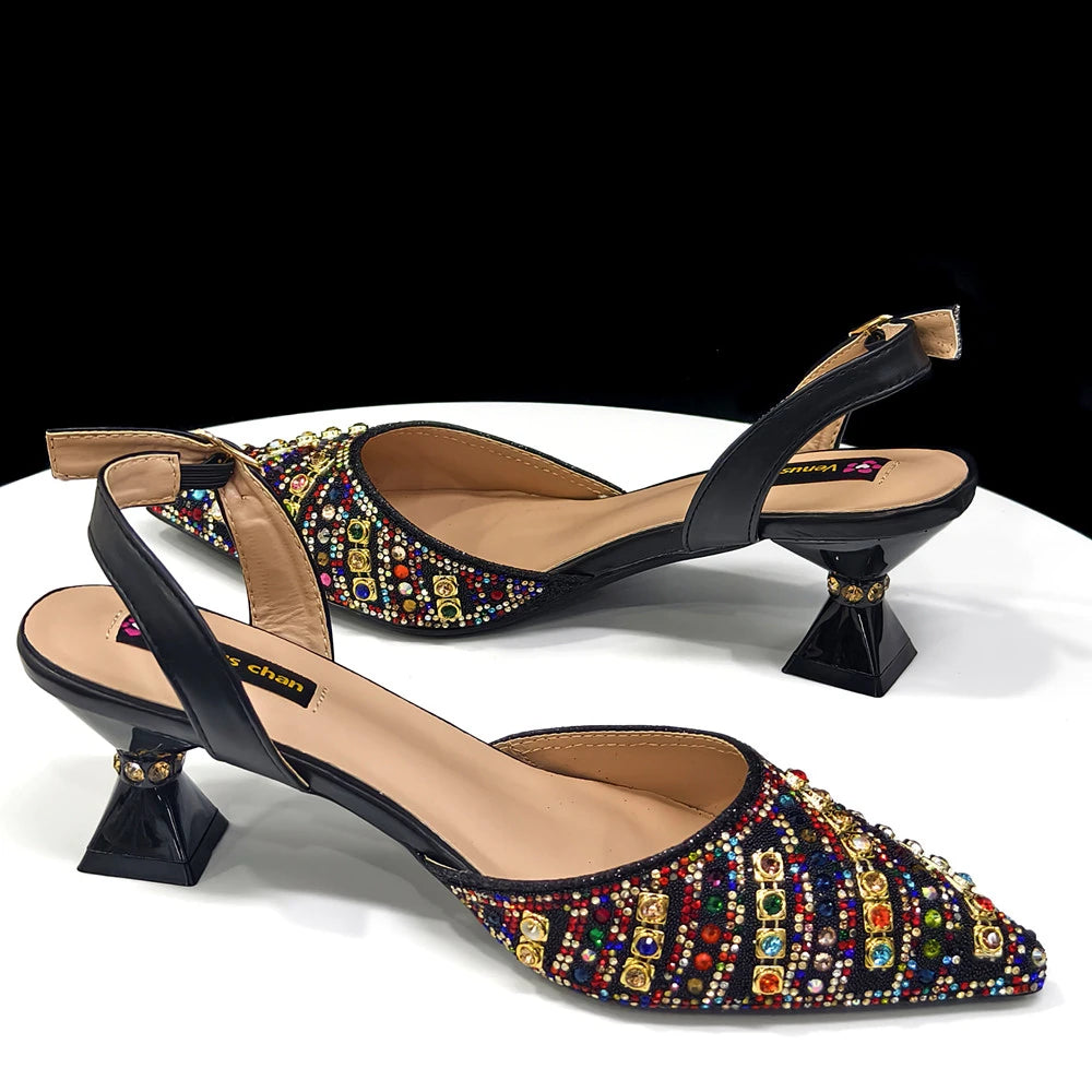2025 Shiny Italian Fashion Pointed Toe Women Heel Fashion Rhinestone Decoration Fuchsia Color Shoes And Bag Set