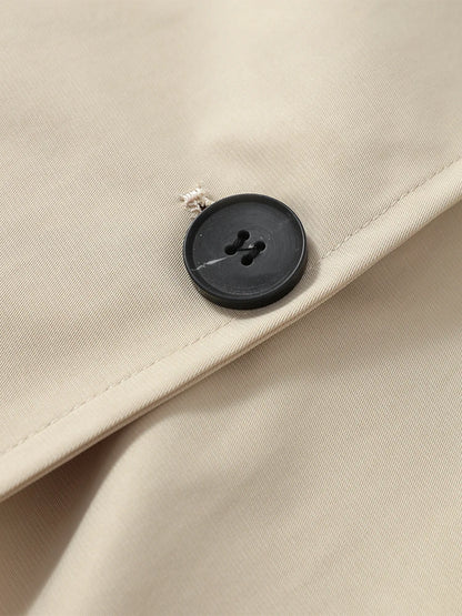 Women Khaki Long Color-block Stripe Trench Coat Wide Lapel Loose Drop Shoulder Blue Lining Slit Windbreaker Commute Outing Coats