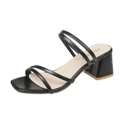 Women Sandals Ladies Square Heels Elegant Summer Slippers Outside Cross Tied Leather Female Slides 2025 Fashion Woman Sandals