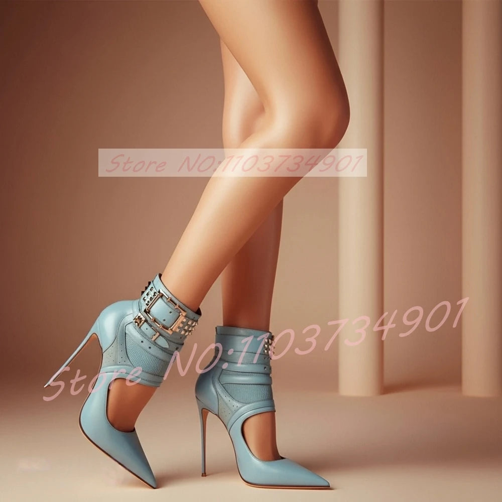 Studded Buckle Strap Cut-Out Sandal Boots Women Splicing Pointy Toe High Heels Blue Leather Ankle Boots Lady Edgy Luxe Footwear