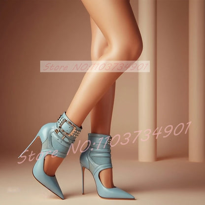 Studded Buckle Strap Cut-Out Sandal Boots Women Splicing Pointy Toe High Heels Blue Leather Ankle Boots Lady Edgy Luxe Footwear