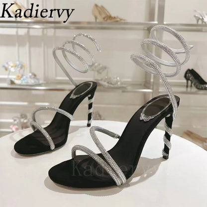 Luxury High Heels Sandals Woman Rhinestone Snake Twine Around Ankle Strap Wedding Shoes Stiletto Summer Gladiator Sandals Women