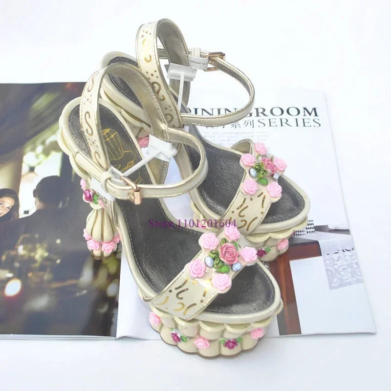 Cake Platform Palace Pink Open Sandals Women Flower Print Color Graffiti Heels Pillar Strange Style Sandals Round Slingback Shoe