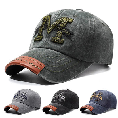 Outdoor sports hat retro men's washed faded old cowboy hat M letter cotton soft top embroidered sunshade baseball cap