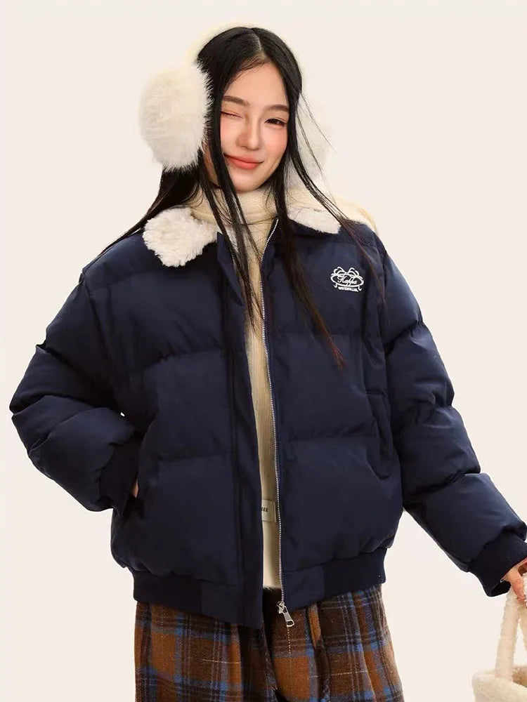 Winter Women Warm Parkas Fashion Fur Patchwork Puffy Coats Y2K Korean Loose Preppy All Match Lapel Down Outwear Mujer