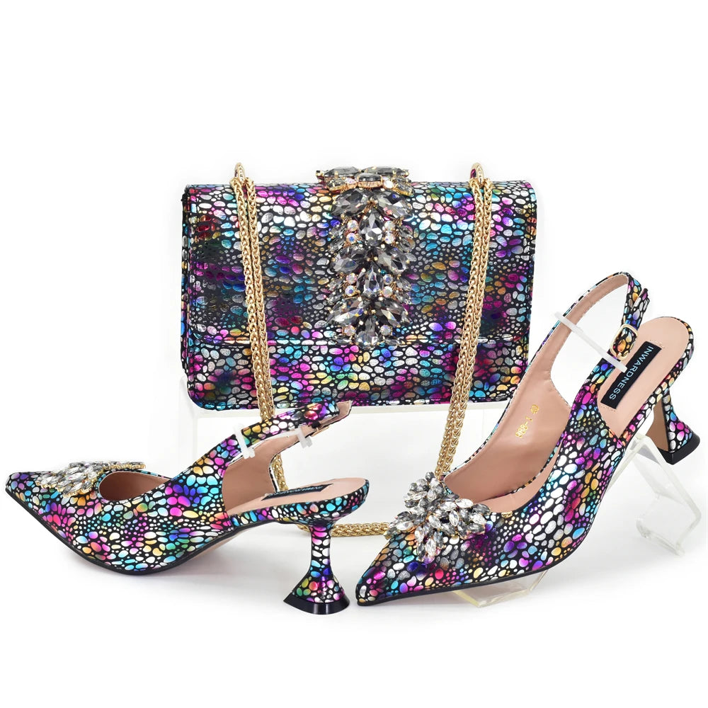 Women Nigerian Italian Shoes and Bags Set with Rhinestone Shoe and Bag Set for Nigeria Party Italy Crystal Butterfly-knot Shoes
