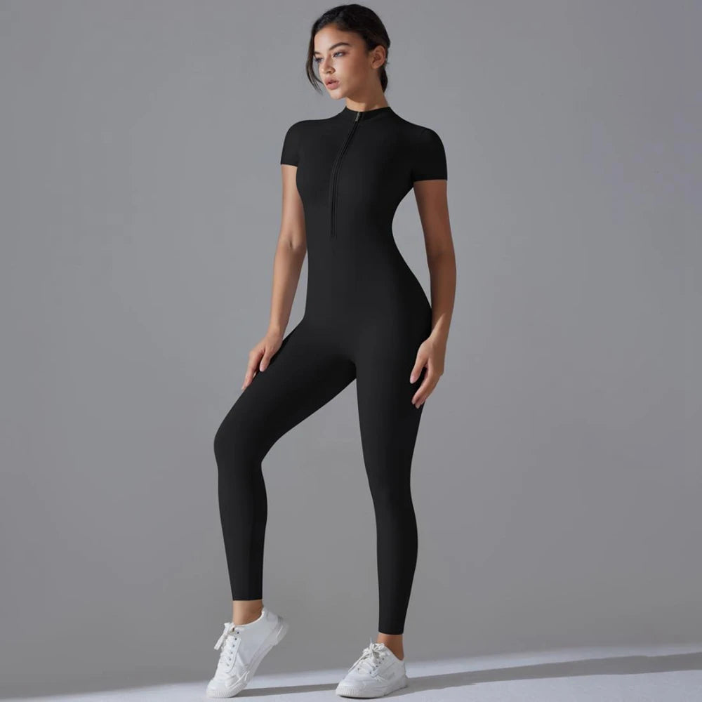 Womens Jumpsuits Short Sleeve Yoga Slim Fit Stretch One Piece Romper Sexy Fitness Female Basic Sportwears Black Zipper Ladies