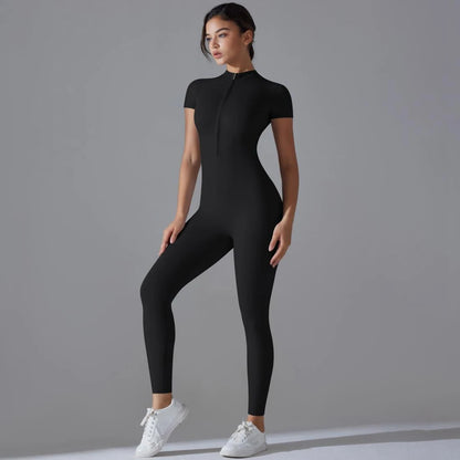 Womens Jumpsuits Short Sleeve Yoga Slim Fit Stretch One Piece Romper Sexy Fitness Female Basic Sportwears Black Zipper Ladies