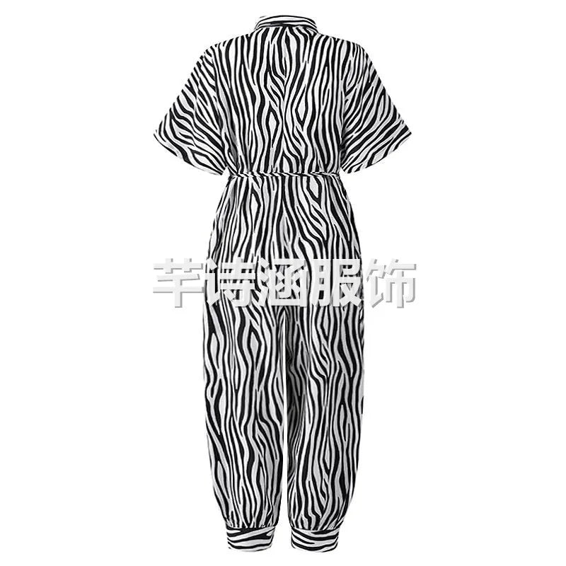 2025 Summer New Dot Leopard Print Jumpsuit Women Short Sleeve Leace-up Pocket Casual Jumpsuits Fashion Vintage Ladies Bodysuits
