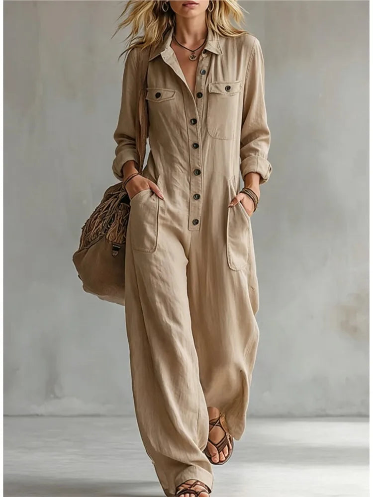 Autumn New Fashion Linen Single Breasted Double Pocket Women's Work Jumpsuit Casual Loose Vacation Female Rompers 2026