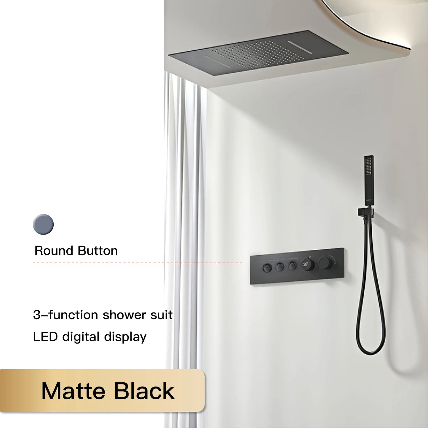 Luxury Black Brass Shower System Wall-Mounted LED Digital Display Design Cold & Hot Dual-Control 4-Function Ceiling Shower Tap