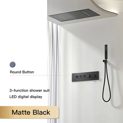 Luxury Black Brass Shower System Wall-Mounted LED Digital Display Design Cold & Hot Dual-Control 4-Function Ceiling Shower Tap