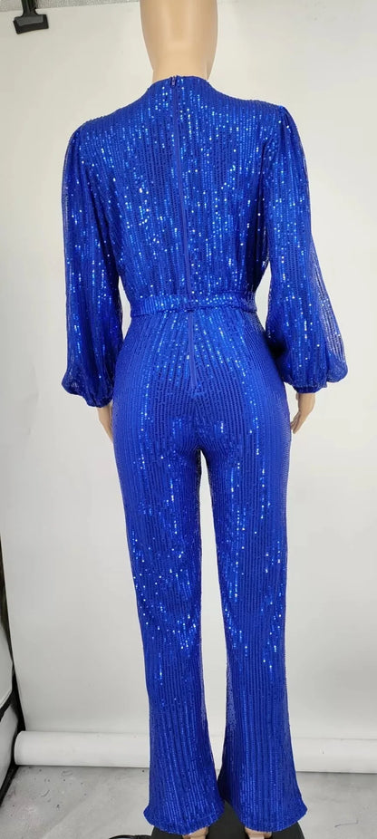 2026 Women's Elegant Sequined Jumpsuit Spring Summer Ladies Bling Bling V-neck High Waist Rompers Overalls with Lantern Sleeve