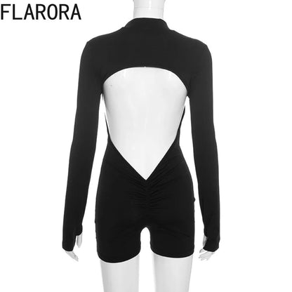 FLARORA Sexy Hollow Out Backless Rompers Woman Trend O-Neck Full Sleeve Zip Skinny Peach Hip Playsuits Midnight Party Clubwear