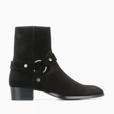 Brown Men Chelsea Boots Handmade High-quality Cow Suede Business Casual Square Toe Mid-heel Men Shoes Motorcycle Boots With Heel