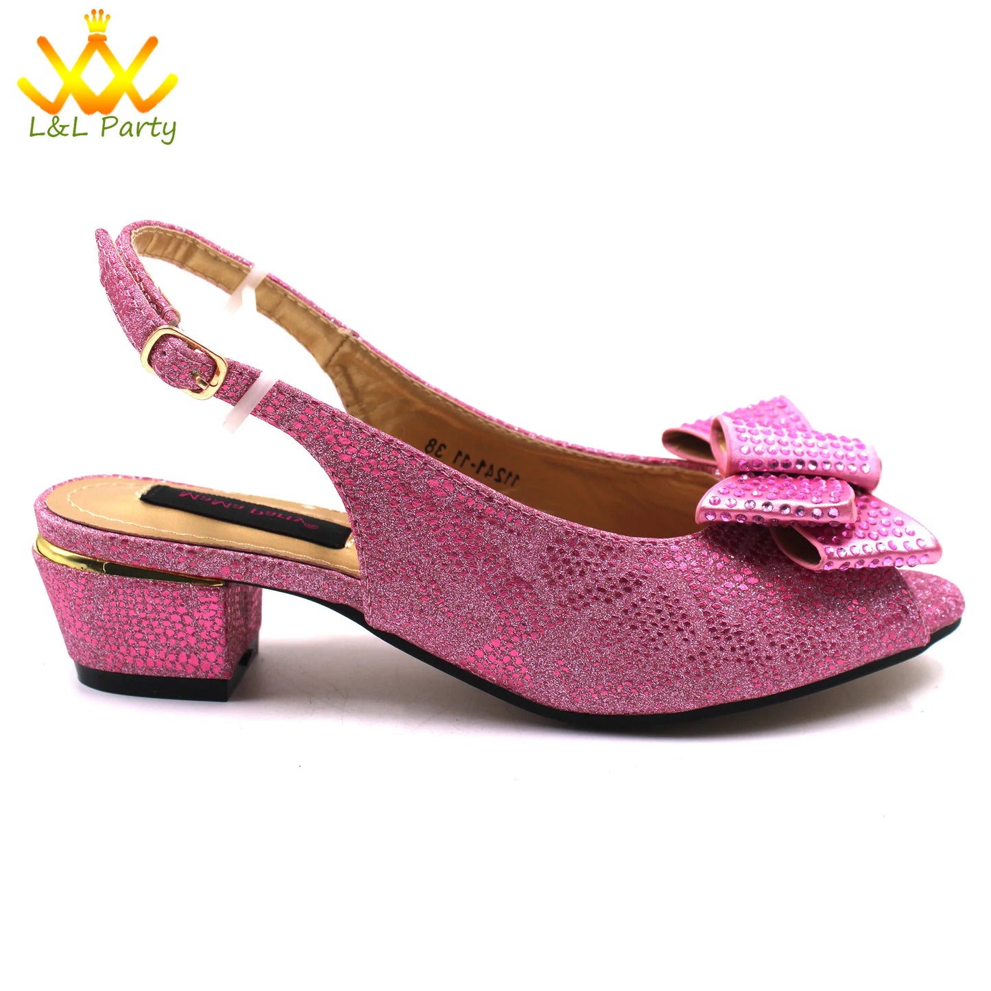 Pink New Arrivals Nigerian Women Shoes and Bag Set Italian Design Low Heels with Crystal Peep Toe Sandals for Party