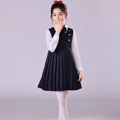 Girls Preppy Style Pleated Jumper Dress Headdress + Bow Tie Pants Suit Children Choir Poetry Performance Fashion School Uniform