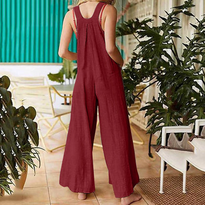 Women Summer Boho Jumpsuit Overalls Solid Ethnic Style Square Neck Sleeveless Casual Jumpsuit Pockets Loose Pants Jumpsuits 2024
