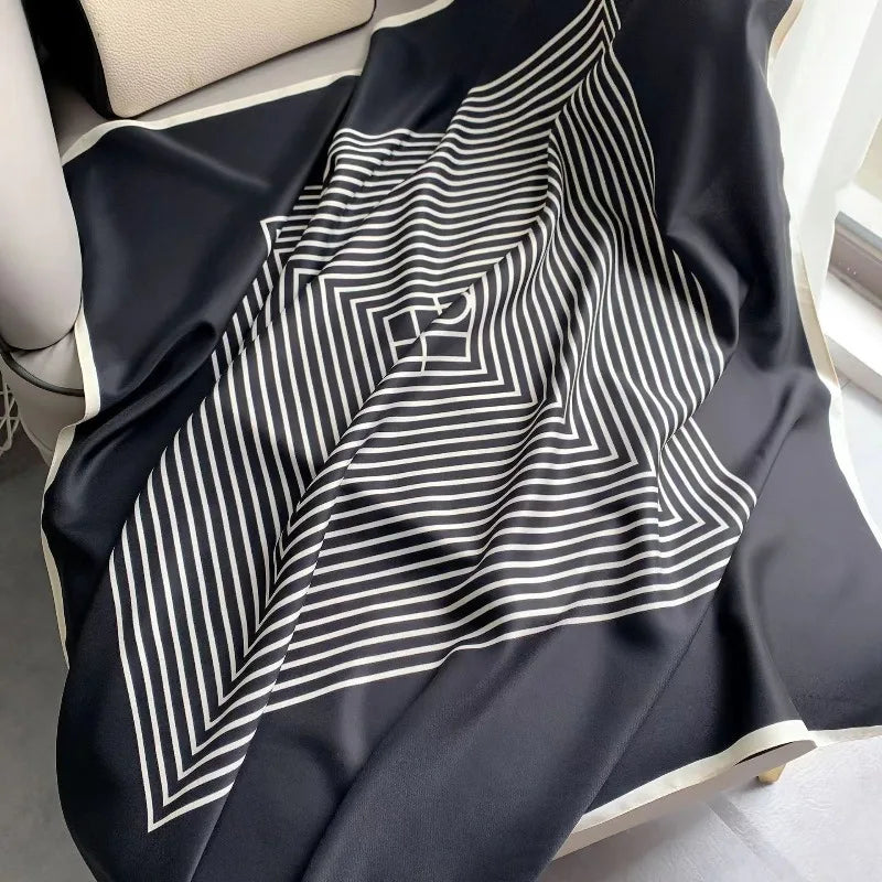 Fashion 90×90CM Geometric Stripe Printed Square Silk Scarf Bandana Women's Neckerchief Hijab Daily Wear Fall Decoration Shawl