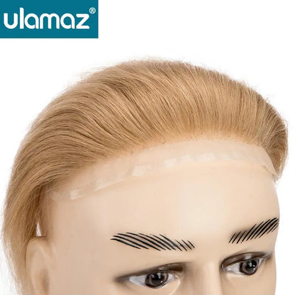 Full Lace V Style Shape Men's Front Hairline Natural Hairpiece Male Forehead Hairline Lace Pu Frontal Hair Patch For Men Blonde