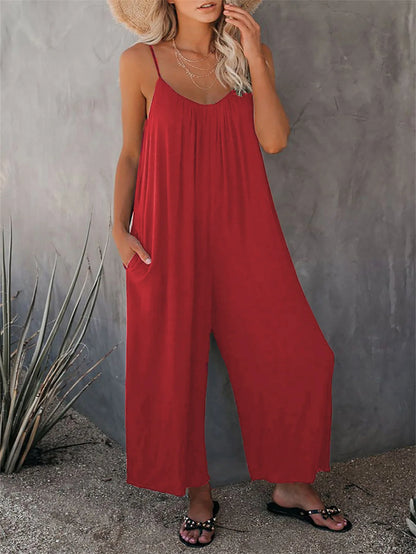 Strap jumpsuit for women's summer new cross-border solid color inserted bag casual jumpsuit