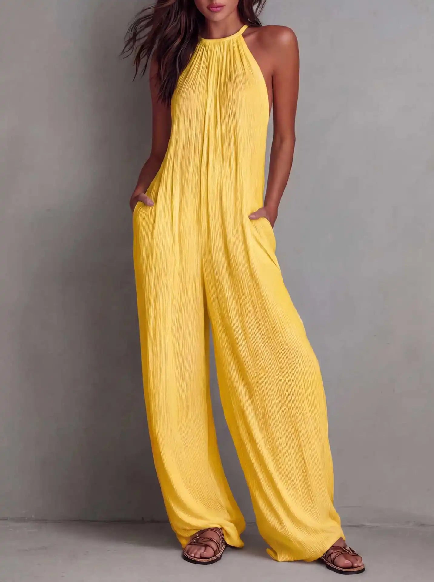 Women's Halter Sleeveless Jumpsuit New Beach Vacation Textured Overalls with Pockets Wide Leg Romper Casual Spring Summer Outfit