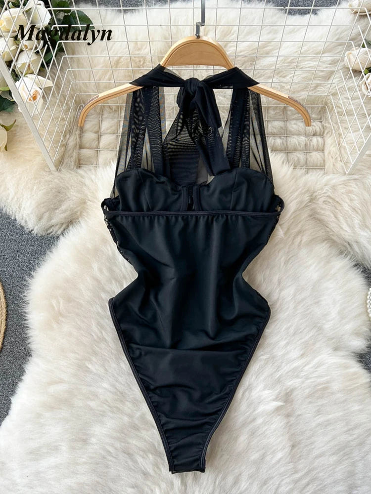 Magdalyn Women Sexy One Piece Mesh Rompers Tulle Skinny Fashion Streetwear INS Slim Catsuits Hollow Floral Combination Bodysuits