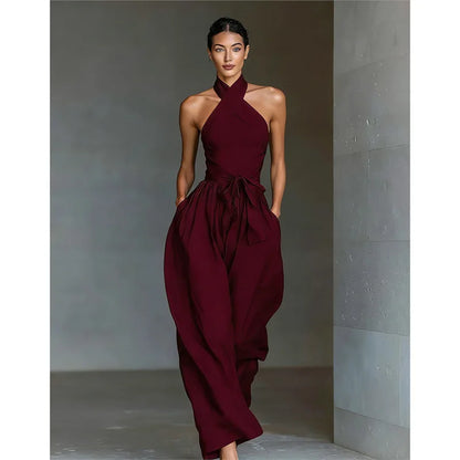 2026 High Waist Tie-up Wide Leg Pants Jumpsuit Woman Sexy Criss Cross Halter Backless Zips Romper Summer Solid Office Overalls