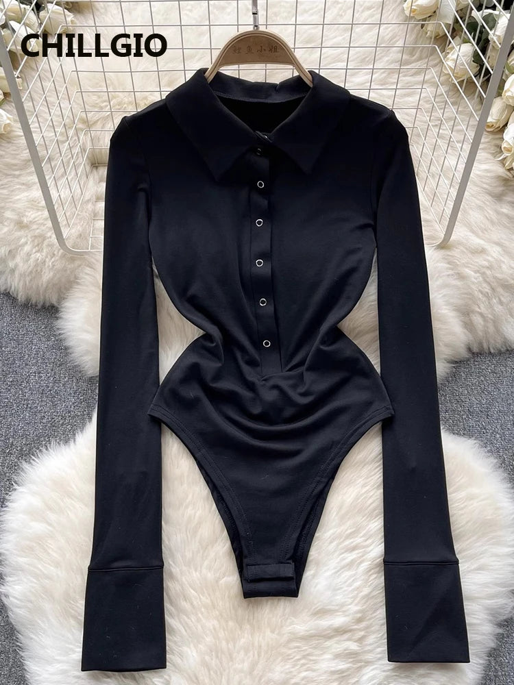 CHILLGIO Women Turn-down Collar Button Rompers Fashion Slim One Piece Combination Tights Autumn Long Sleeve Solid Tight Bodysuit