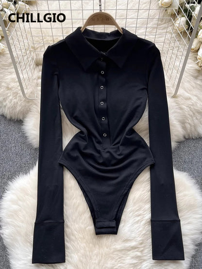 CHILLGIO Women Turn-down Collar Button Rompers Fashion Slim One Piece Combination Tights Autumn Long Sleeve Solid Tight Bodysuit