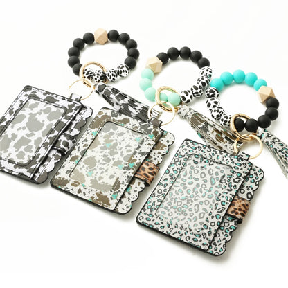 Bull Silicone Beads Bracelet Pu Leather Purse Leopard Print Tassel Cow Wallet Keychain Silicone Beaded ID Card Holder Keychain