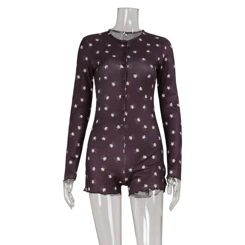 Women's Clothing Long Sleeve Floral Printed Jumpsuit Sexy Slim Home Wear Pajamas Fashion Round Simple Style Comfortable Trendy