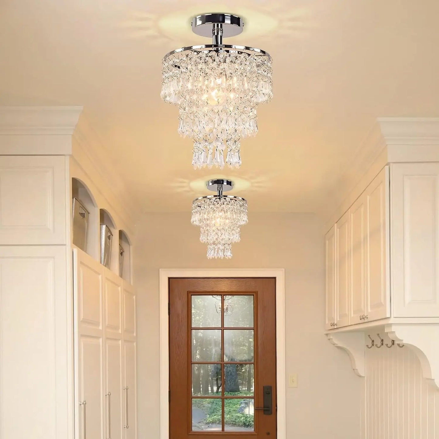 Small Crystal Chandelier Led Crystal Ceiling Lights 3 Tiers Crystal Raindrops Chandelier Pendant Lighting Fixture Decoration for Bedroom Hallway Living Room,Chrome, E26