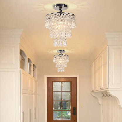 Small Crystal Chandelier Led Crystal Ceiling Lights 3 Tiers Crystal Raindrops Chandelier Pendant Lighting Fixture Decoration for Bedroom Hallway Living Room,Chrome, E26