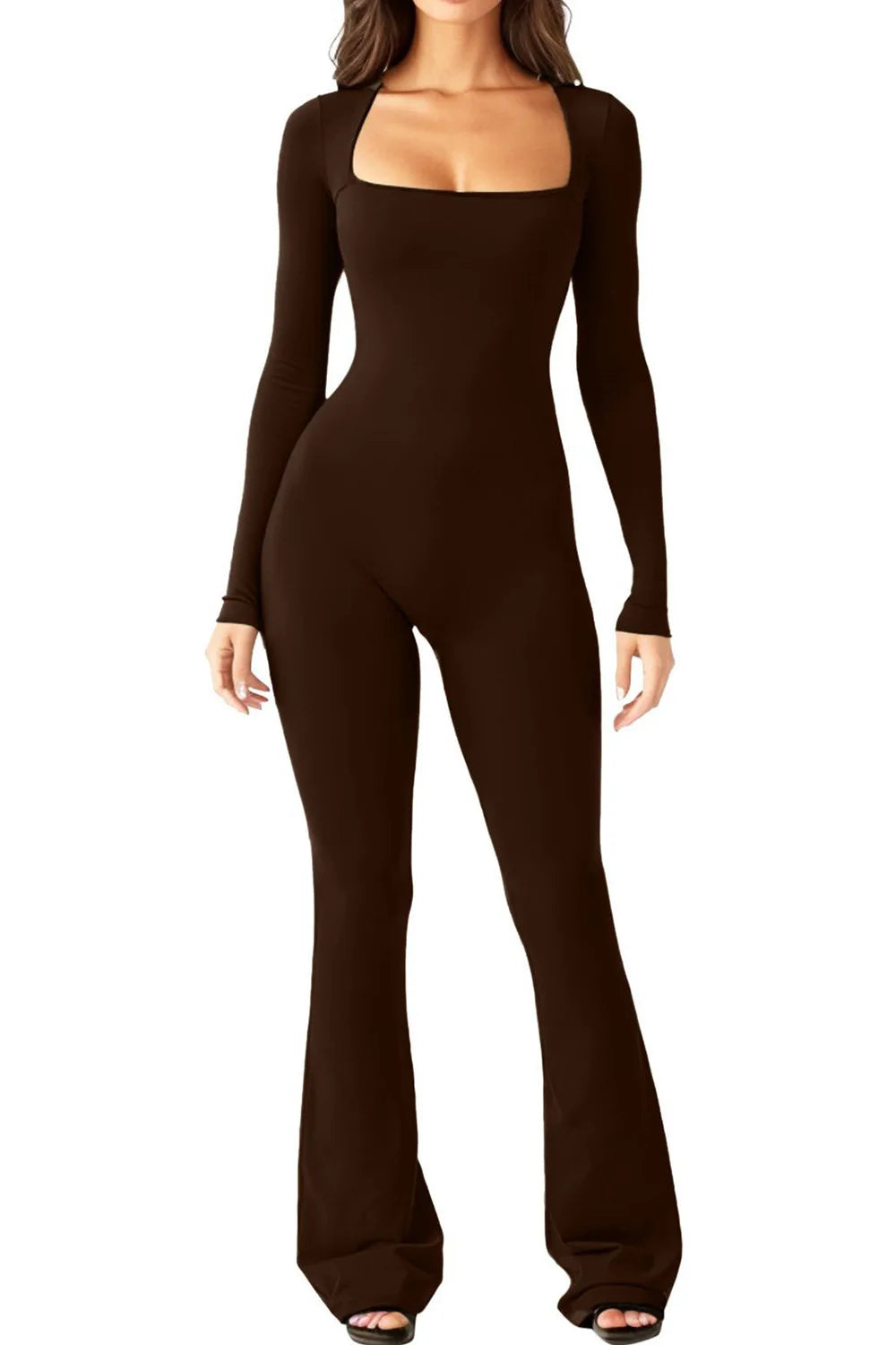 Foreign Trade Women's Long Sleeved Waist Cinching and Waist Lifting Square Collar Wide Leg High Elastic Jumpsuit