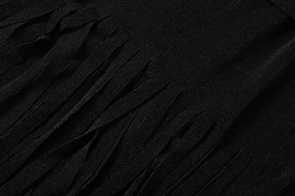 Weird Puss Halter Turtleneck Dress Women Velvet Ruched Patchwork Tassel Hem Elegant Sexy Backless Valentine's Day Party Bodycon