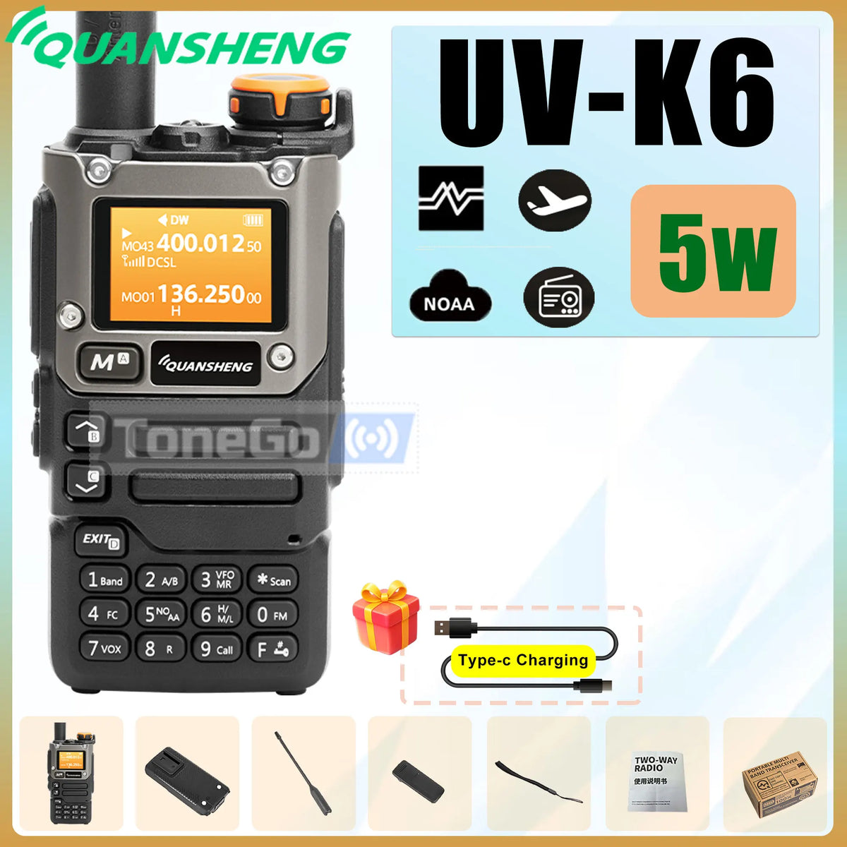Quansheng UV-K6 Walkie Talkie 5W AM FM 50-600MHz USB-C Direct Charge NOAA Weather Multi Band UV-K58 UV-K5(8) Two Way Radio