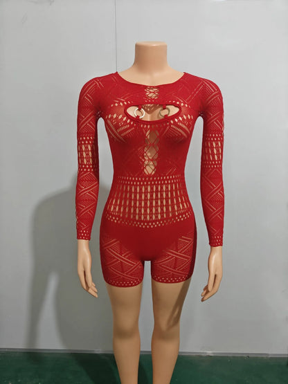 HBLL Sexy Sheer Mesh Playsuit Women Rompers Long Sleeve Hollow Out Skinny Night Club Outfit One Pieces Jumpsuit Shorts Bodysuit