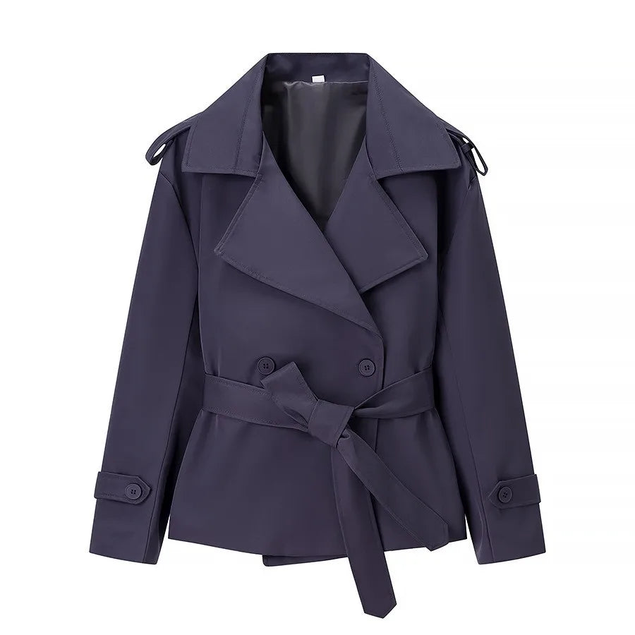 Aliexpress's Best-selling Cross-border European and American Style Women's Solid-color Belted Short Jacket Trench Coat Fashion