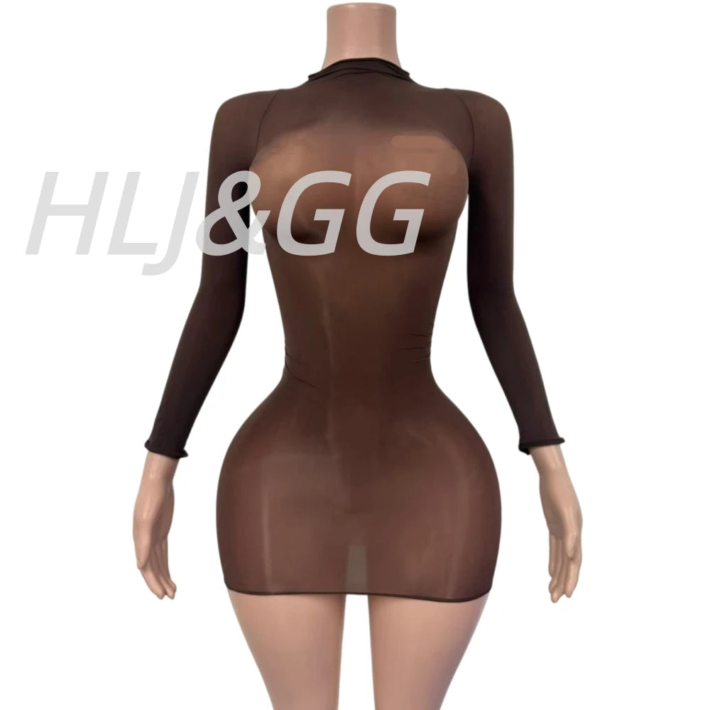 HLJ&GG Sexy Mesh See Through Bodycon One Piece Jumpsuits Women O Neck Long Sleeve Stretchy Overall Lady Party Clubwear Playsuits