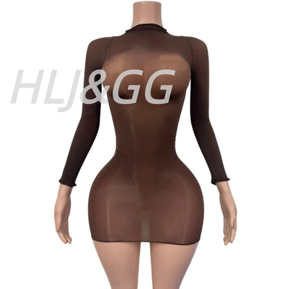 HLJ&GG Sexy Mesh See Through Bodycon One Piece Jumpsuits Women O Neck Long Sleeve Stretchy Overall Lady Party Clubwear Playsuits