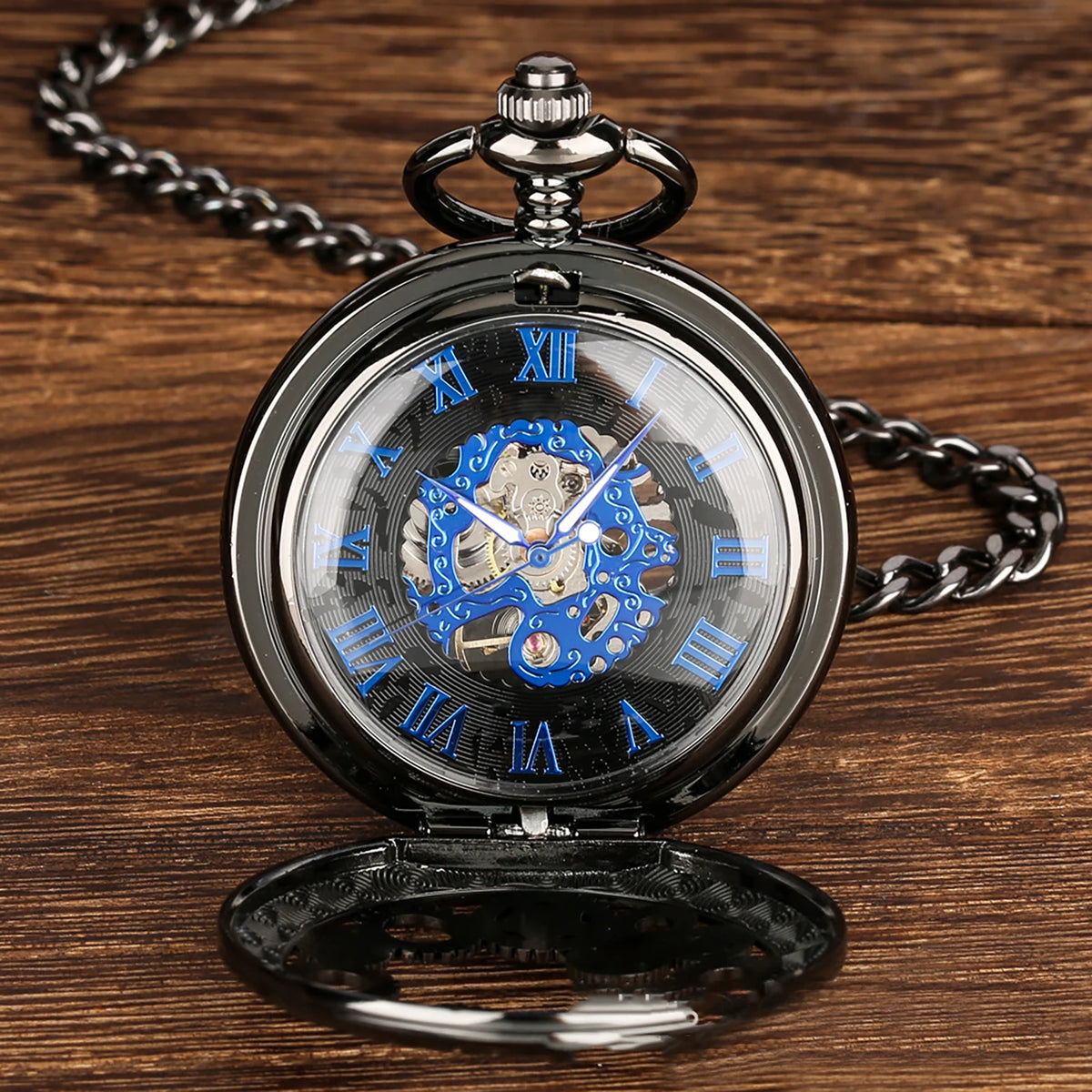 Manual Men's Mechanical Pocket Watch Hollow Design Roman Numerals Vintage Metal Pocket Watch Clock Chain Pendant Blue